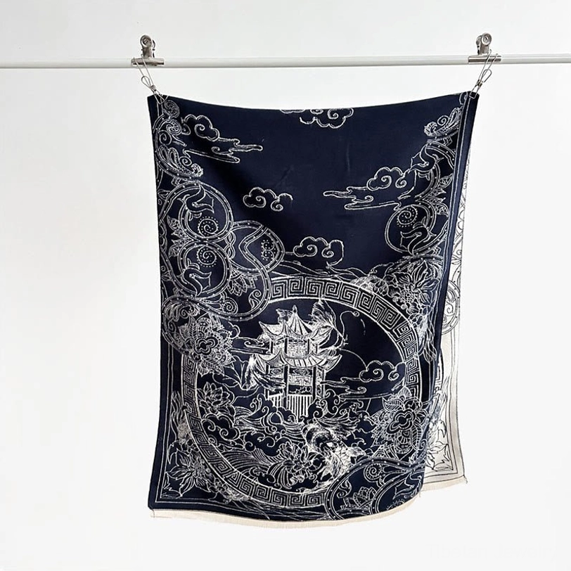 Tibetan pavilion koi fish waves scarf with detailed artistic motifs showing traditional pattern work and fine textile craftsmanship