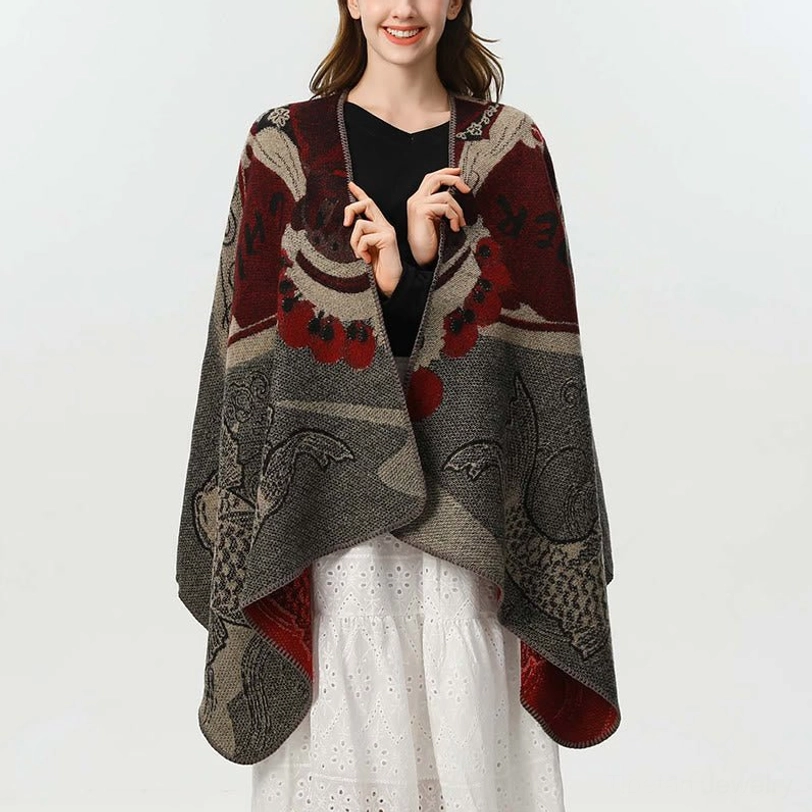 Close-up front view of tibetan koi fish jacquard shawl showing red-grey color scheme and detailed koi motifs