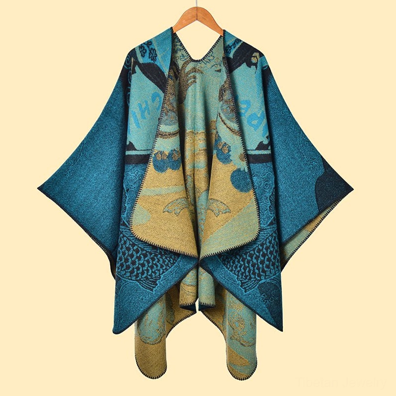 Tibetan koi fish reversible jacquard shawl in cornflower blue color - variant display