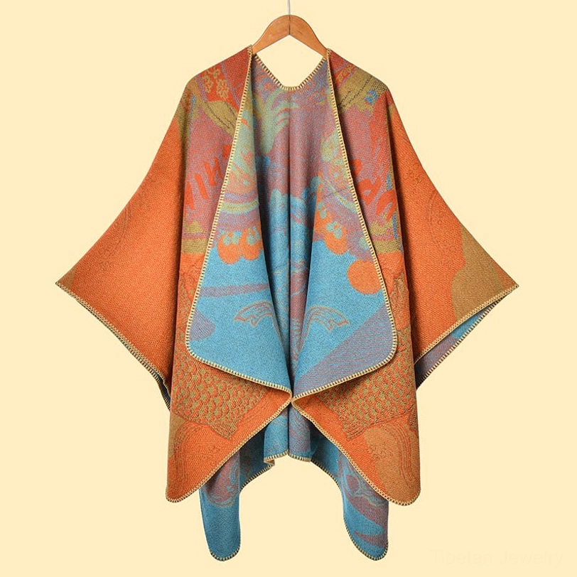 Tibetan koi fish jacquard shawl poncho in dark orange color - reversible design variant