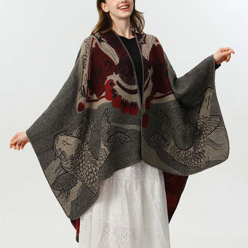 Tibetan koi fish wave poncho shawl front side view showing oversized batwing sleeves and reversible design