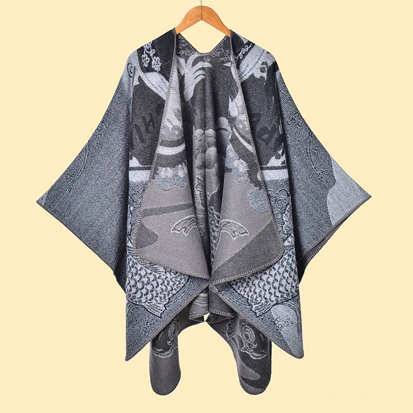 Tibetan koi fish reversible shawl poncho in grey color variant - product showcase view