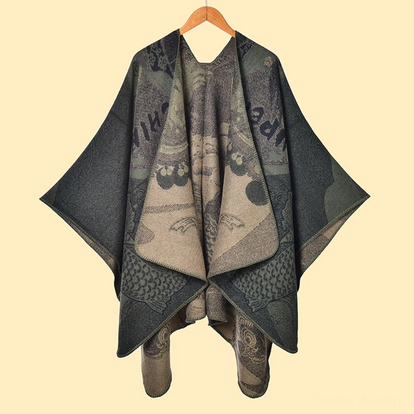 Tibetan koi fish reversible shawl in dark grey color showing wave pattern and craftsmanship