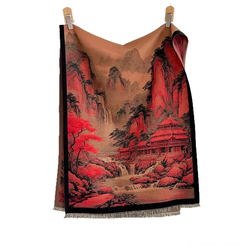Complete hanging display of Tibetan landscape painting scarf against white wall, full length view of ancient red mountain motif with black side trim and authentic frayed bottom hem