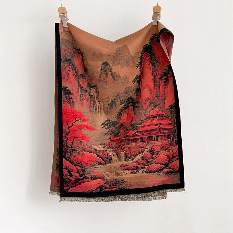 Full view of Tibetan landscape print scarf hanging flat against white backdrop, showing reversible red-brown mountain design with black trim and authentic fringe border