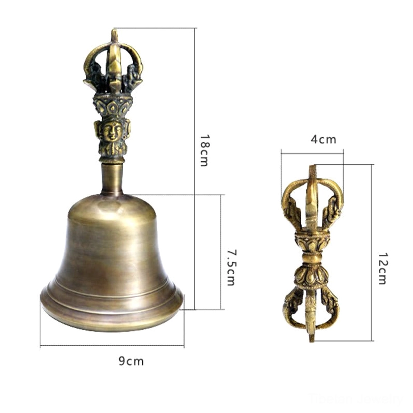 Large size Tibetan meditation bell and vajra dorje set in antique bronze copper, ideal for altar space and Buddhist ritual use