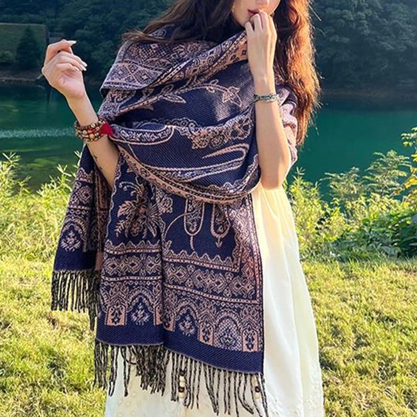Dark green Tibetan ethnic leaf shawl with traditional paisley and fringe trim