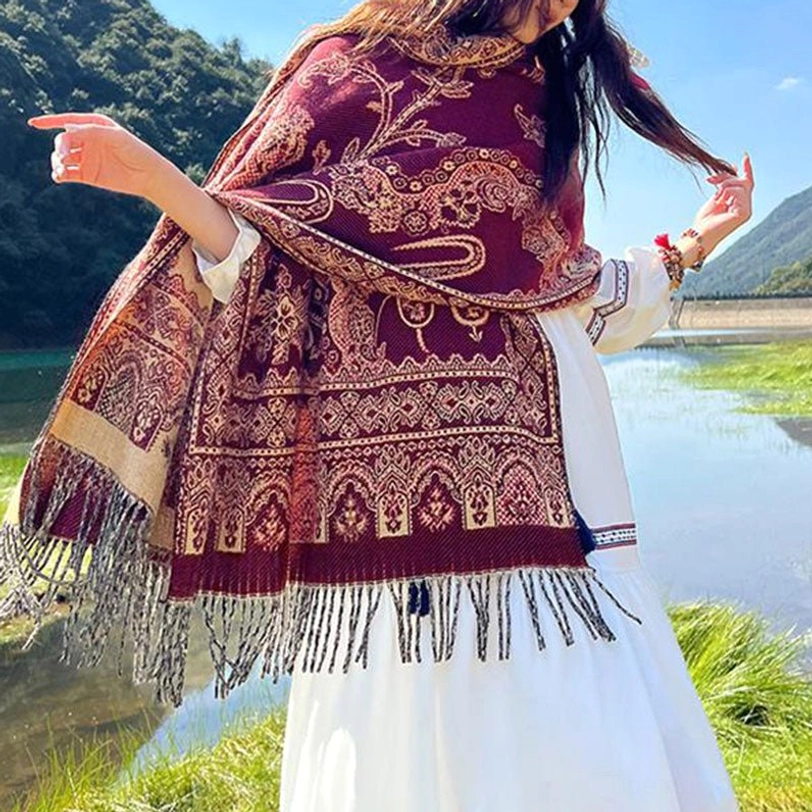 Tibetan shawl flatlay showing full dimensions and botanical motif pattern