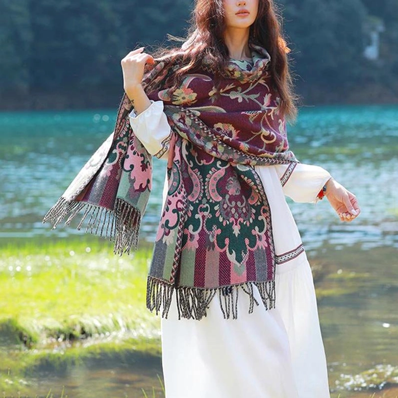 Tibetan botanical tassel shawl in rich purple tone showing full botanical design and tassel fringe
