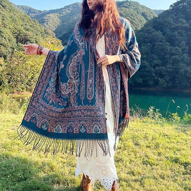 Tibetan leaf pattern shawl worn during yoga and spiritual wellness practice