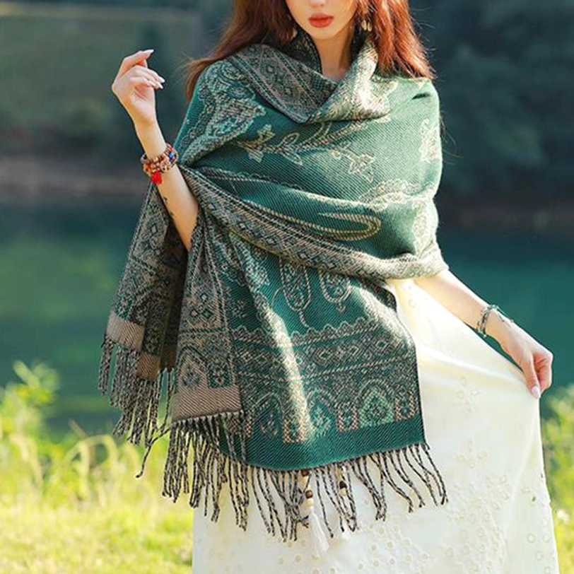 Tibetan botanical shawl styled as travel companion and meditation wrap