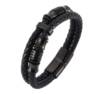 Black leather weave fortune bracelet with titanium steel magnetic clasp, top-down studio view