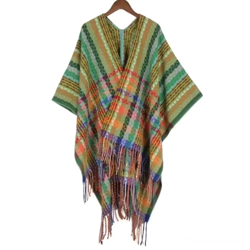 Tibetan striped tassel shawl in light green color showing traditional Himalayan weave pattern and artisan quality