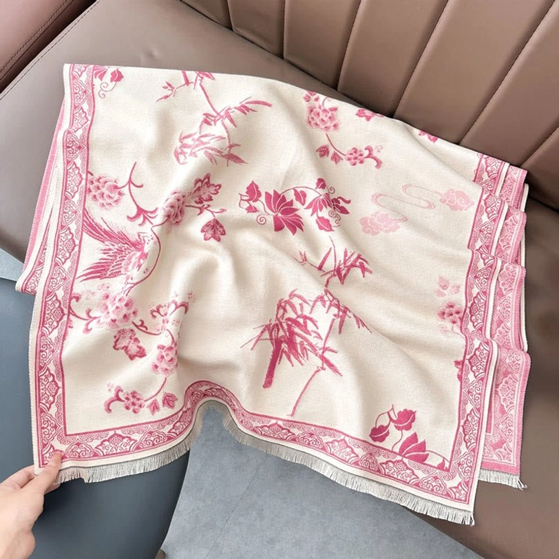 Light pink Tibetan floral bird scarf full product view with all details visible