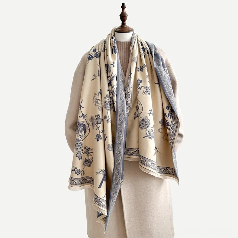 Light salmon Tibetan scarf with bird and flower motif color detail view