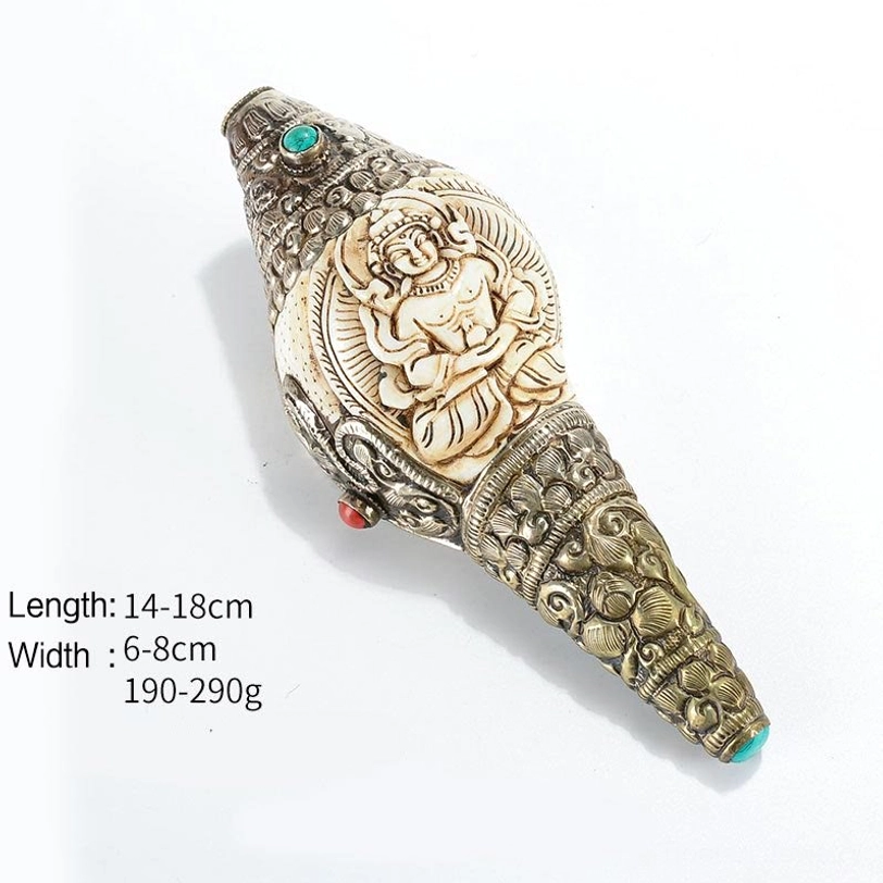 Tibetan Longevity Buddha hand-engraved conch shell decoration with silver metalwork and gemstone accents