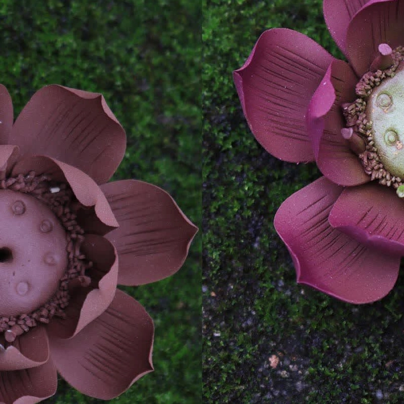 Tibetan lotus purple clay incense burner detailed close-up showing intricate handcrafted petal sculpting and texture