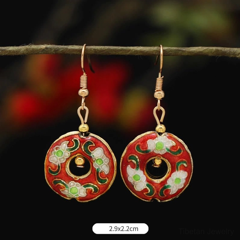 Tibetan copper lotus butterfly enamel earrings collection display, spiritual healing jewelry, feng shui symbol gift set