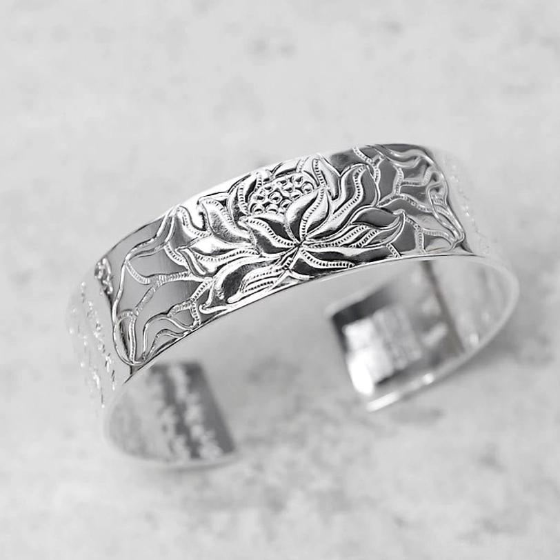 Transparent engraving style Tibetan lotus white copper bracelet, showing clear detailed carving of lotus flower and sutra text