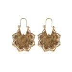 Tibetan lotus drop earrings antique gold handmade copper carved hollow design front flat lay