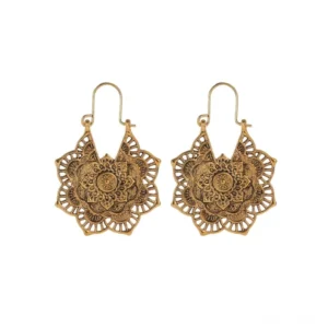 Tibetan lotus drop earrings antique gold handmade copper carved hollow design front flat lay