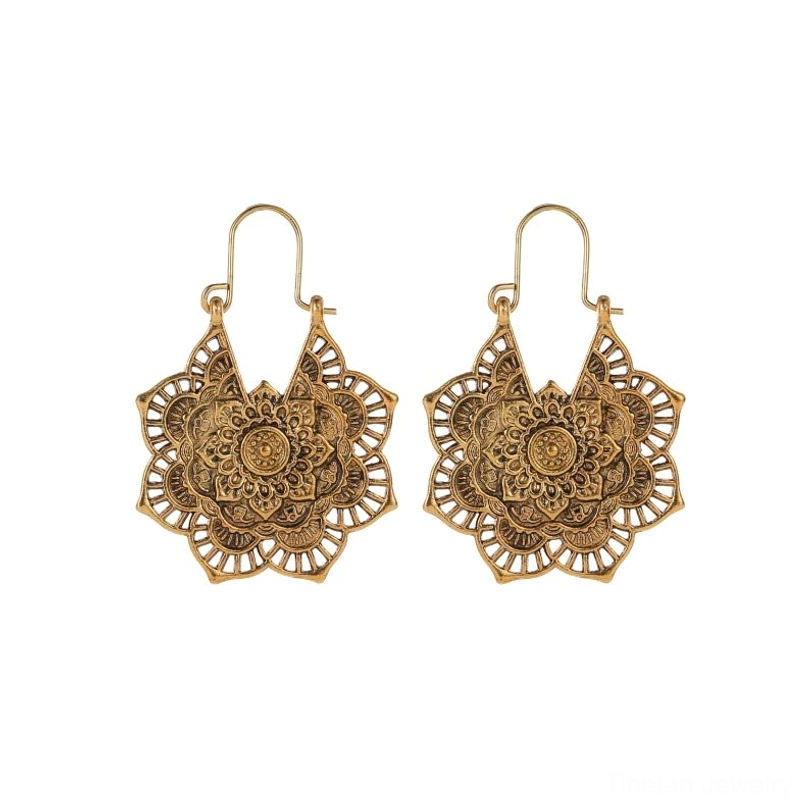 Tibetan lotus drop earrings antique gold handmade copper carved hollow design front flat lay