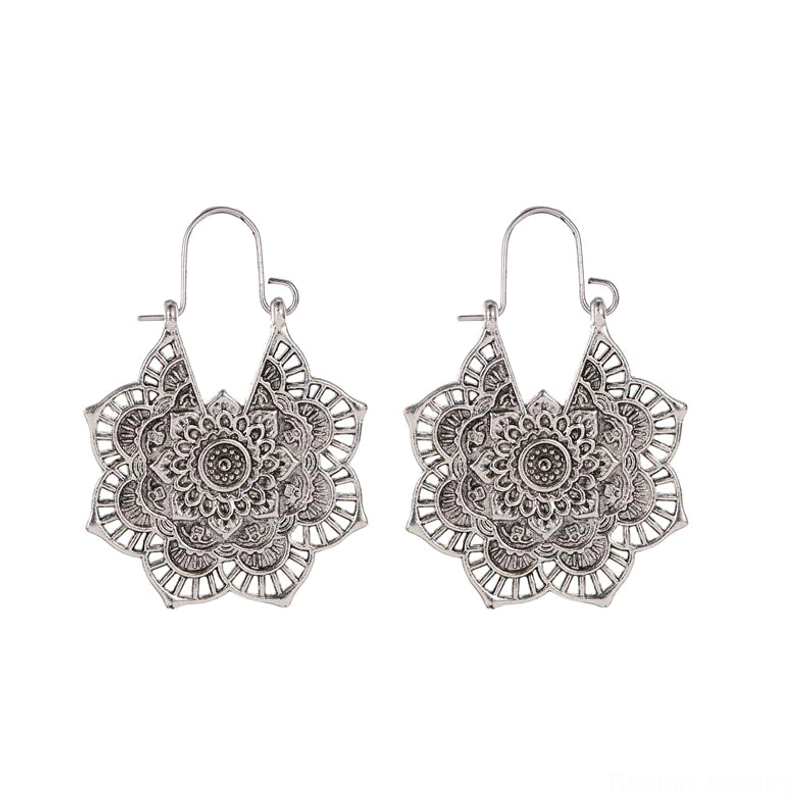 Tibetan lotus drop earrings silver antique matte hollow carved floral design wire hook