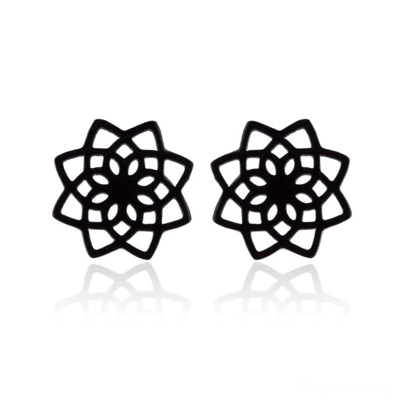 Black tibetan lotus stud earrings with matte metal finish minimalist showcase