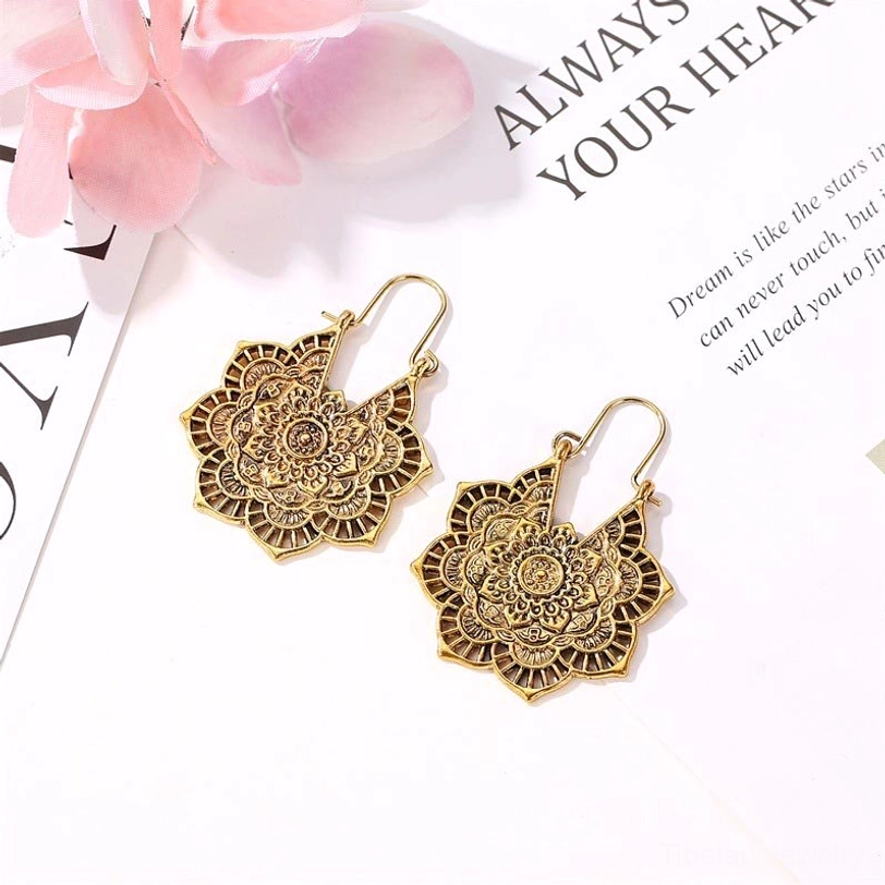 Handmade tibetan lotus copper earrings vintage bronze distressed finish hollow carved design