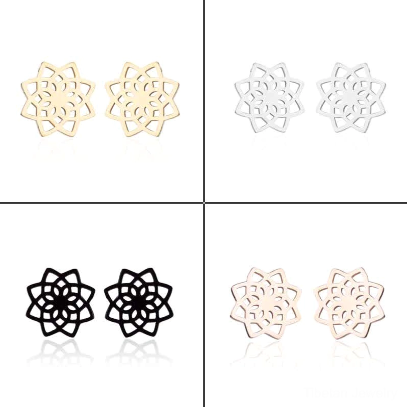 Complete tibetan lotus stud earrings collection all four finishes gold silver black rose gold
