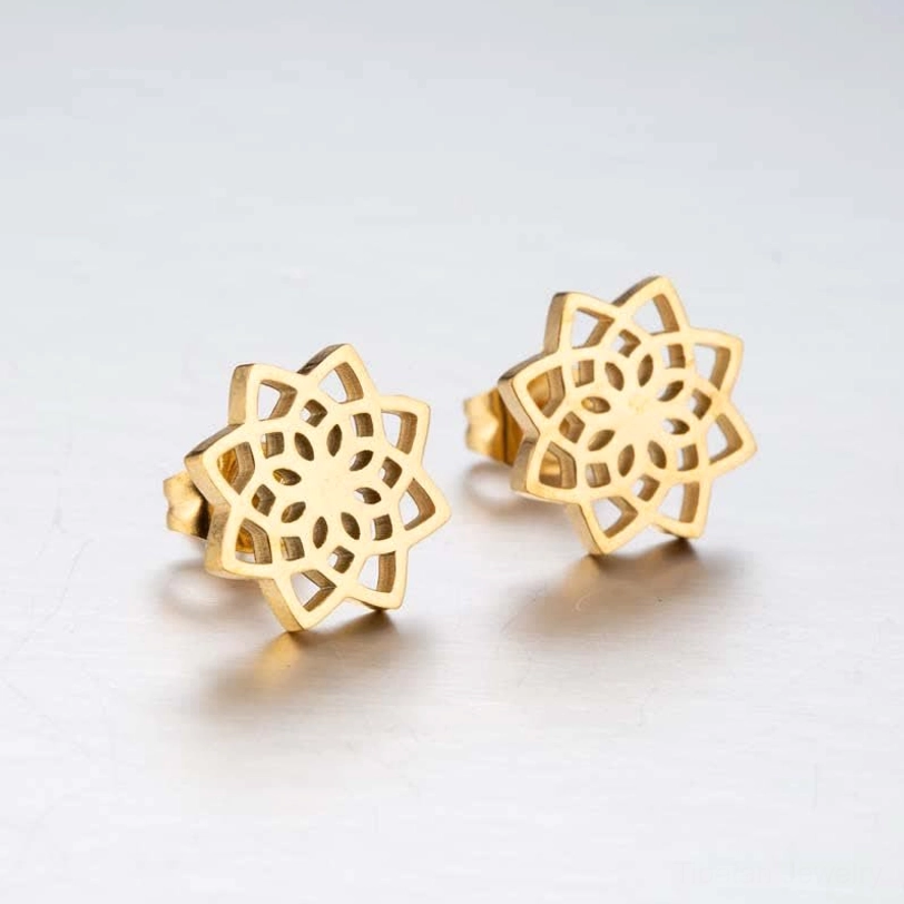Gold tibetan lotus stud earrings with detailed hollow pattern on white background