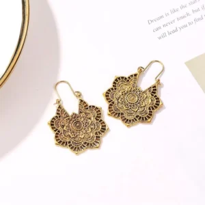 Pair of tibetan lotus blessing earrings symmetrical carved mandala pattern antique gold finish