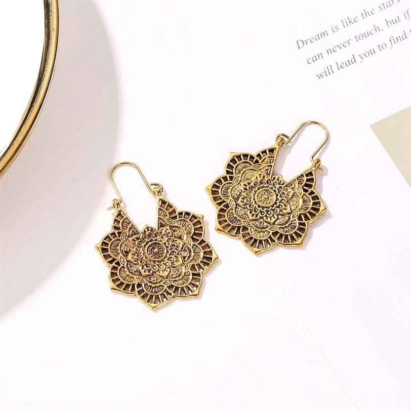 Pair of tibetan lotus blessing earrings symmetrical carved mandala pattern antique gold finish