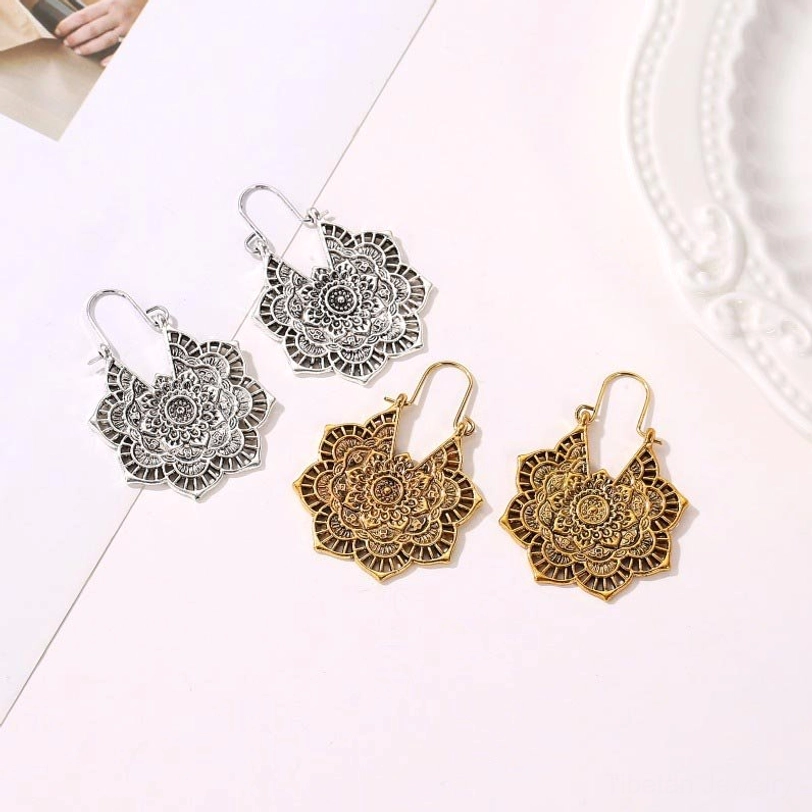 Tibetan lotus drop earrings comparison gold and silver dual tone handmade collection