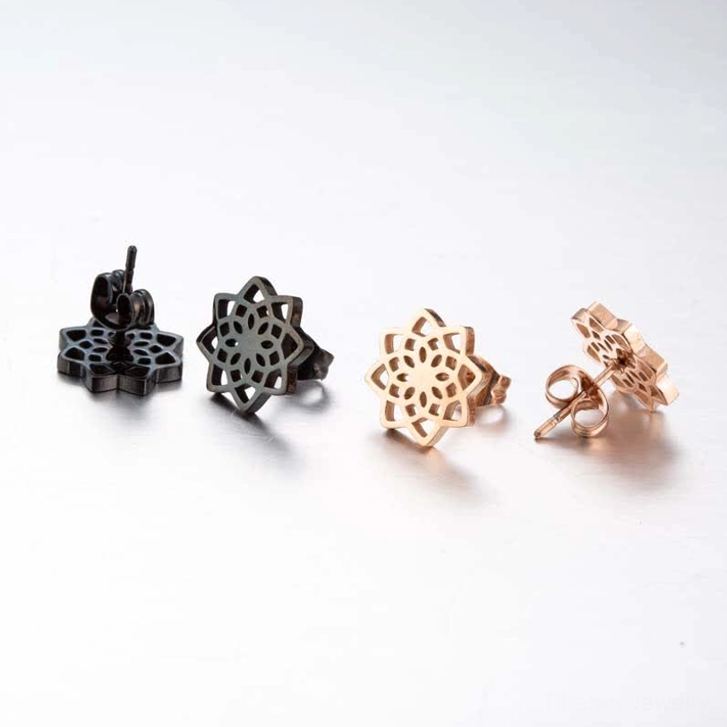 Multiple tibetan lotus stud earrings in different colors black and rose gold paired sets