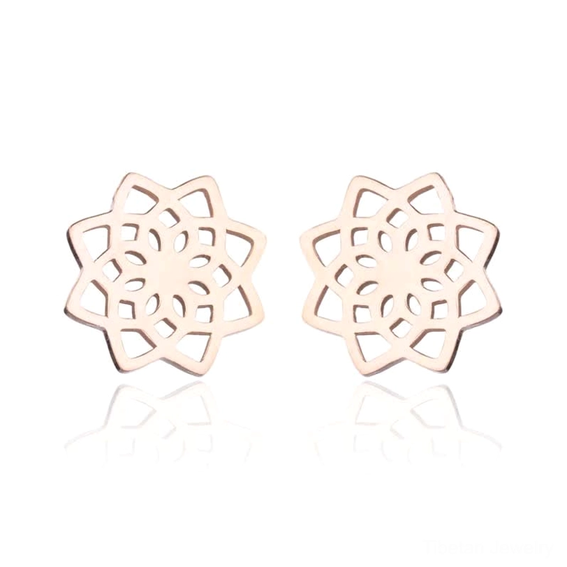 Rose gold tibetan lotus pattern stud earrings showing symmetrical design