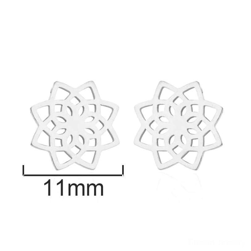Tibetan lotus stud earrings 11mm diameter size comparison with measurement marker