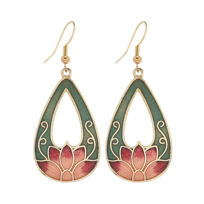Hollow teardrop lotus enamel earrings with detailed scroll frame design, dark green and pink enamel with gold tone metal on white background