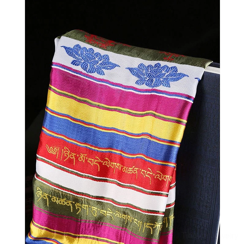 Tibetan lotus khata blessing scarf showing complete design with all embroidered motifs and tassel details