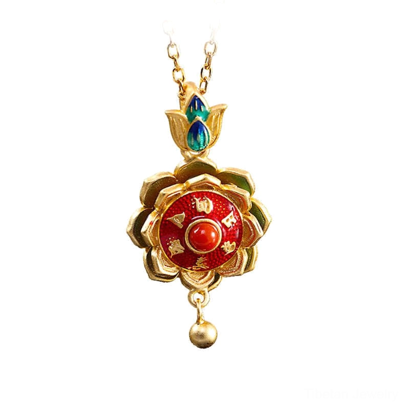 Authentic Tibetan lotus pendant necklace featuring handcrafted sterling silver work and natural red agate gemstone with six-word mantra