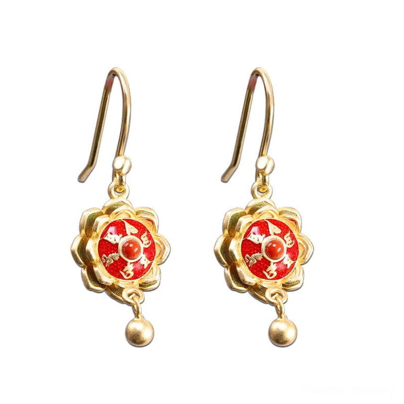 Tibetan lotus prayer wheel earrings in 925 sterling silver with red agate center and cloisonné lotus design matching necklace pendant style