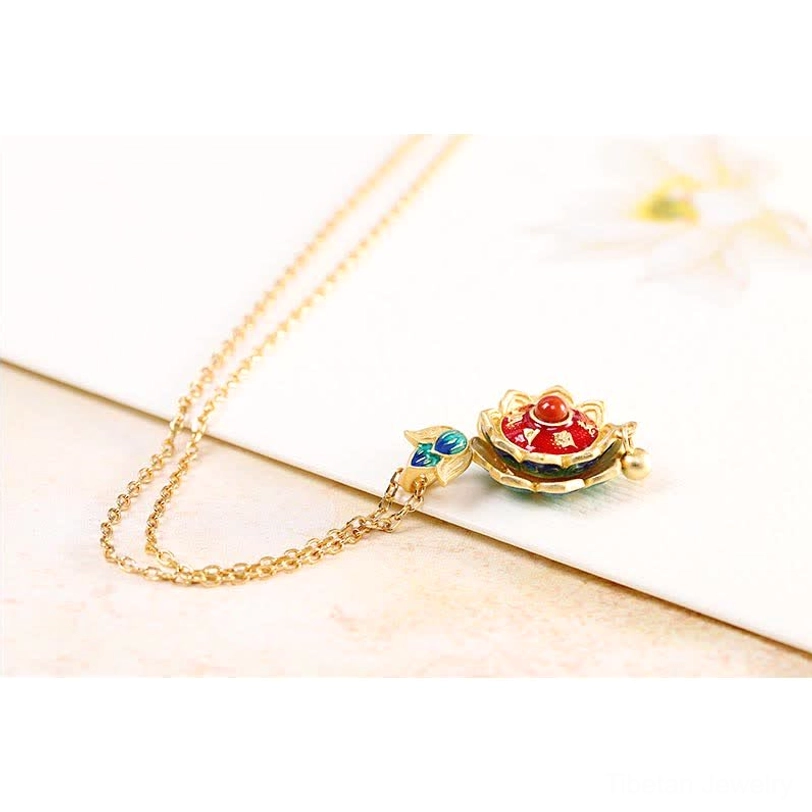 925 sterling silver Tibetan lotus prayer wheel necklace with red agate pendant and protective spiritual energy representation
