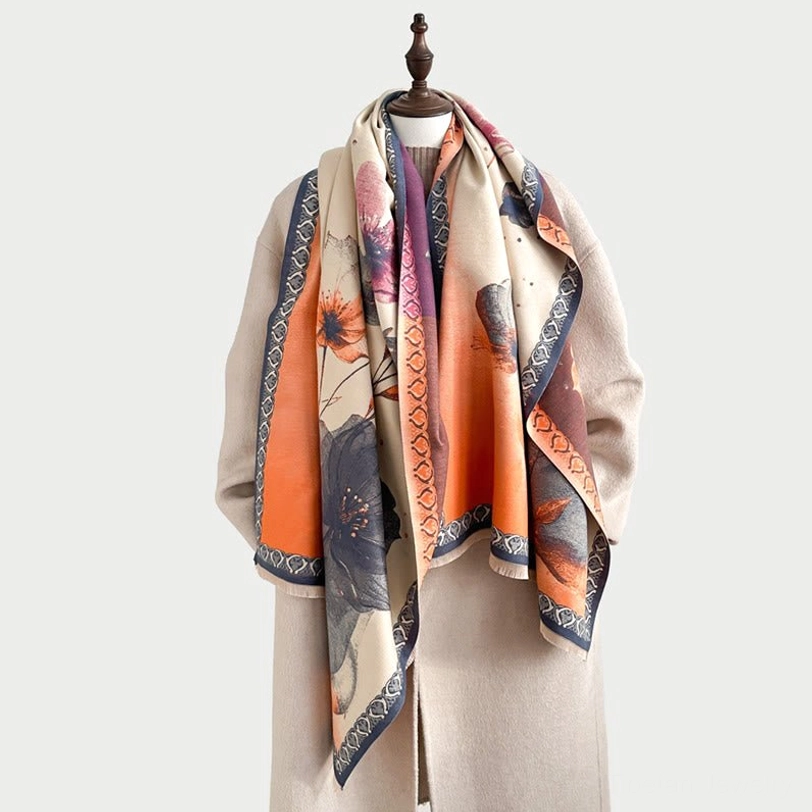 Tibetan lotus ink painting scarf product showcase with artistic watercolor detailing and traditional embroidery