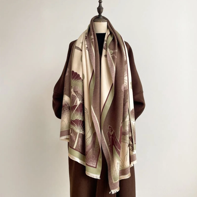 Tibetan wrapped scarf with beige and brown base featuring lotus landscape print, fully draped front view on mannequin