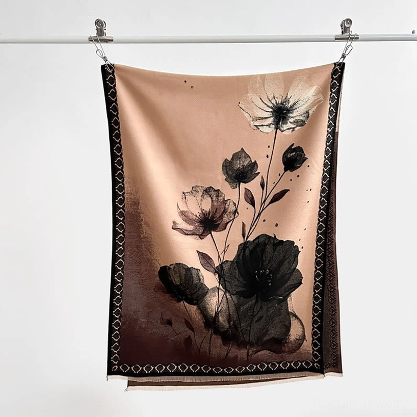 Tibetan lotus ink painting scarf detail shot highlighting frayed edges geometric border and textile quality
