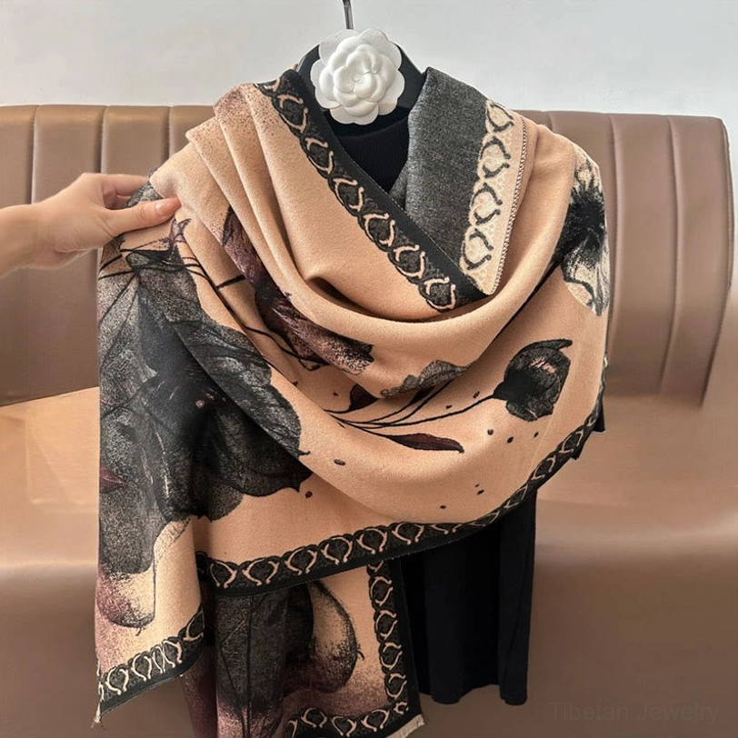 Tibetan lotus ink painting scarf draped styling showing versatility as shawl wrap and travel blanket