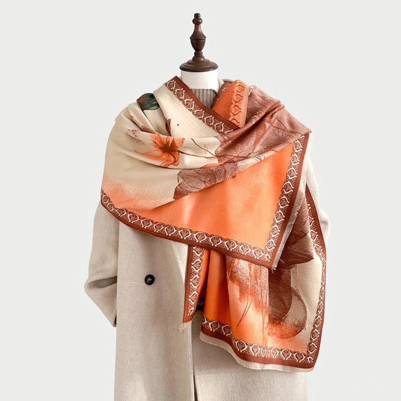 Tibetan lotus ink painting scarf full product view highlighting soft rayon-acrylic blend and cultural design elements