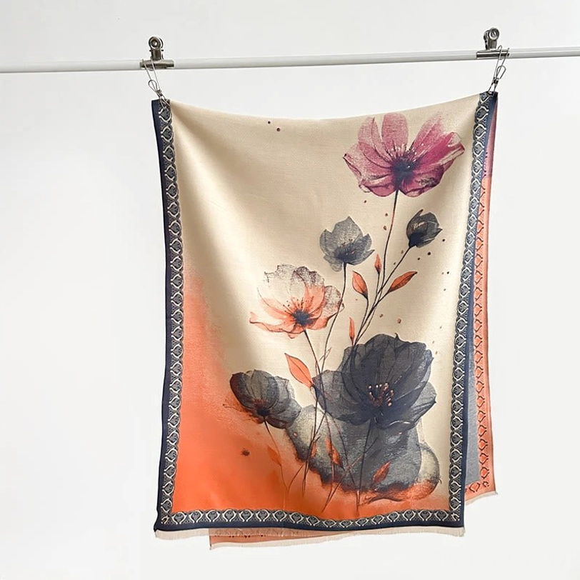 Tibetan handwoven lotus scarf showing natural dye variations and artisan craftsmanship in watercolor blooms