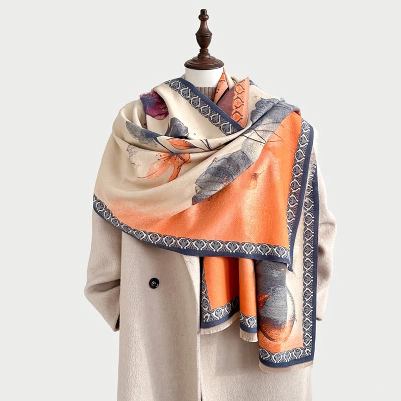 Premium quality tibetan lotus scarf featuring hand-inspired ink painting technique and authentic frayed edges