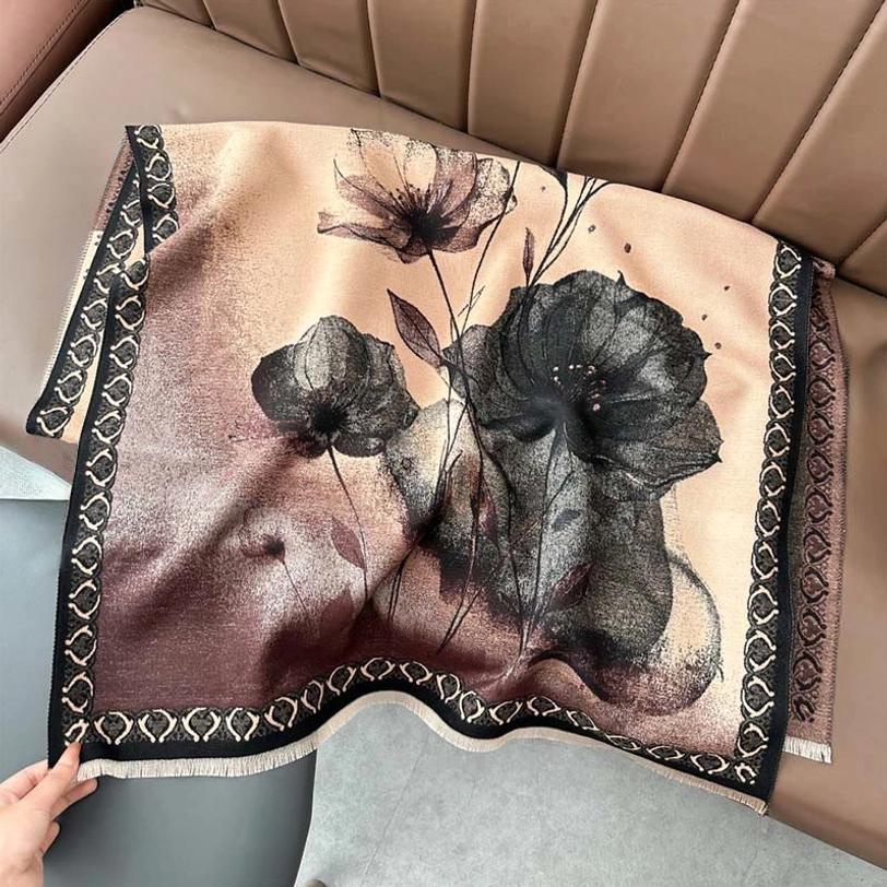 Saddle brown color tibetan lotus ink painting scarf displayed flat showing complete design and embroidered trim